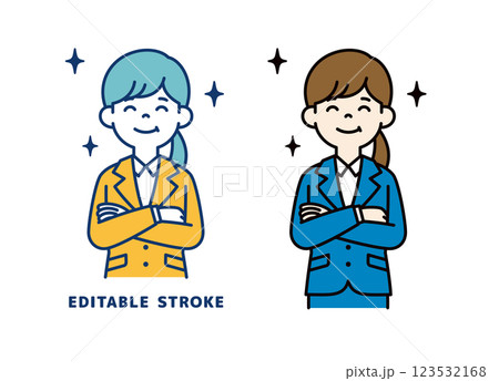 満足そうな顔で腕を組む、若い女性会社員のベクターイラスト素材＿線幅の編集可能 123532168