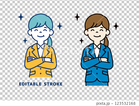 満足そうな顔で腕を組む、若い女性会社員のベクターイラスト素材＿線幅の編集可能 123532168