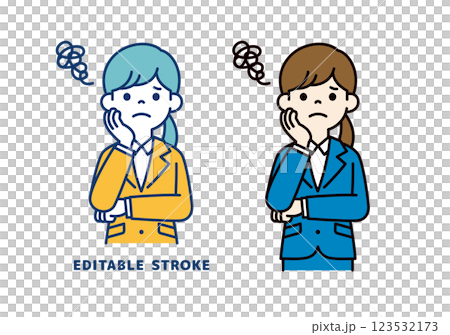 Vector illustration of a young female office worker who is worried with her hand on her cheek_Line width can be edited Vector illustration of a young female office worker who is worried with her hand on her cheek_Line width can be edited 123532173