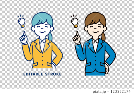 いいアイデアが思いついた、若い女性会社員のベクターイラスト素材_線幅の編集可能 いいアイデアが思いついた、若い女性会社員のベクターイラスト素材_線幅の編集可能 123532174