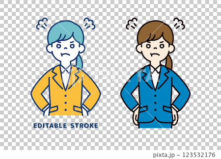 Vector illustration of a young female office worker who is angry with her hands on her hips_Line width can be edited 123532176