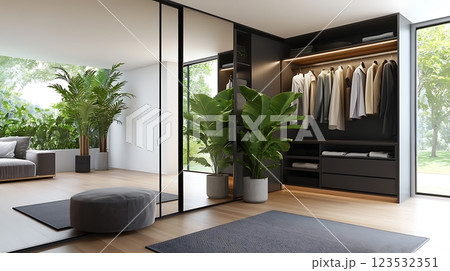 A sleek and sophisticated modern storage closet with mirrored sliding doors lush indoor plants and a minimalist contemporary design creating a tranquil cozy and efficient living space 123532351
