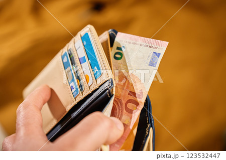Person holding wallet with euro banknotes in cash and credit cards 123532447