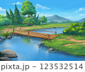A painting of a view in the morning atmosphere with a bridge crossing a stream. 123532514