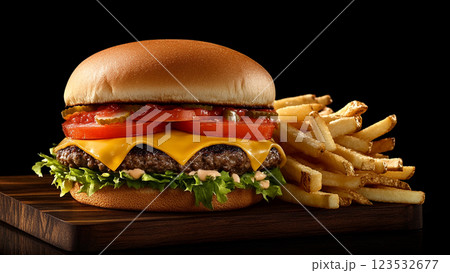 hamburger with French fries on wooden board with dark background 123532677