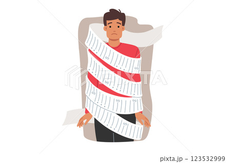 Large bills worry man wrapped in long check, suffering due to inflation and rising food prices Large bills worry man wrapped in long check, suffering due to inflation and rising food prices 123532999