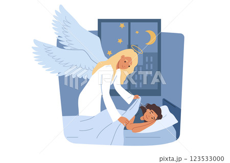 Guardian angel puts girl to bed and covers with blanket, trying to protect child from cold 123533000