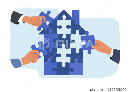 Hands of investors using reid investments to buy real estate and assembling house from puzzle 123533003