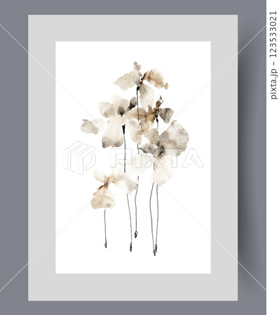 Summer flowers painted with dark colors symbolize ecology problems on wall art. Watercolor artwork 123533021
