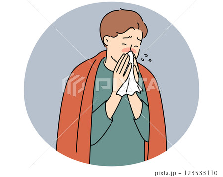 Sick man blow nose suffer from flu 123533110