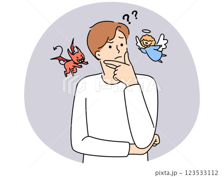 Confused man with devil and angel on sides Confused man with devil and angel on sides 123533112