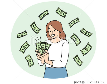Woman with money banknotes rejoices at receiving high income for work performed or services provided Woman with money banknotes rejoices at receiving high income for work performed or services provided 123533137