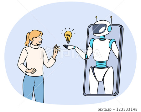 Woman communicates with AI chat bots on phone through application and uses artificial intelligence Woman communicates with AI chat bots on phone through application and uses artificial intelligence 123533148