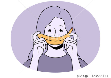 Woman with fake banana smile is experiencing frustration caused by problem in relationship 123533154