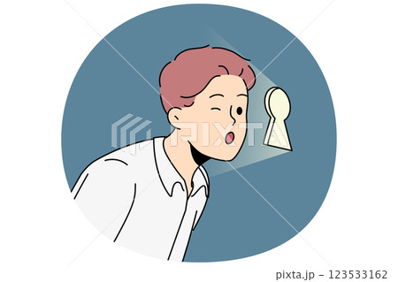 Curious business man looks through keyhole, wanting to find out corporate secrets competitors Curious business man looks through keyhole, wanting to find out corporate secrets competitors 123533162