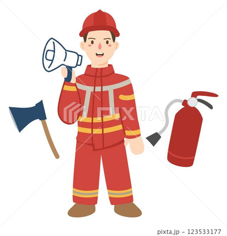 bearded firefighter in full gear holding red axe 123533177
