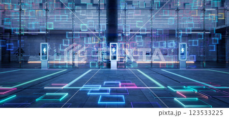 Futuristic charging stations with neon digital grid 123533225