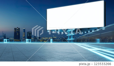 Blank billboard on futuristic rooftop with city skyline at dusk 123533266