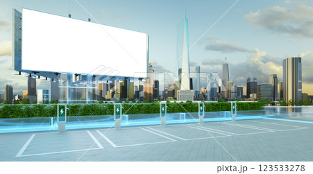 Electric vehicle charging station with a blank billboard and a city skyline promoting sustainable transportation 123533278