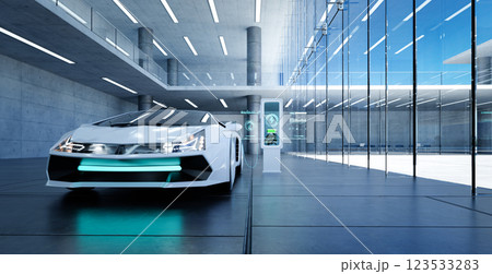White electric sports car charging in modern building with glass walls 123533283