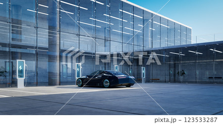 Electric car charging at modern glass building with futuristic architecture 123533287