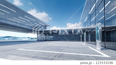 Electric vehicle charging stations powering up at modern office building 123533296