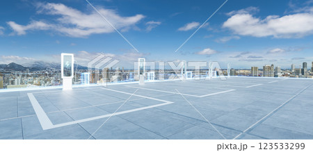 Electric vehicle charging stations dominating sapporo city rooftop parking area Electric vehicle charging stations dominating sapporo city rooftop parking area 123533299