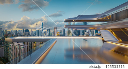 3D Futuristic rooftop deck overlooking modern city skyline at sunset 123533313