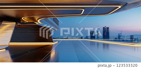 3D Futuristic building interior overlooking illuminated cityscape at dusk 123533320