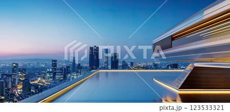 3D Futuristic rooftop lounge overlooking vibrant cityscape at dusk 3D Futuristic rooftop lounge overlooking vibrant cityscape at dusk 123533321