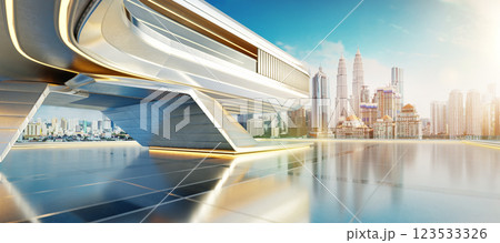 3D Futuristic building overlooking kuala lumpur skyline at sunrise 3D Futuristic building overlooking kuala lumpur skyline at sunrise 123533326