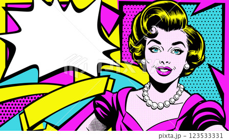 Pop art poster. Comic style. Young beautiful happy woman with announcement. Vector illustration in retro style. Pop art girl. Vibrant color palette 123533331