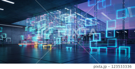 Futuristic digital art installation with neon lights 123533336