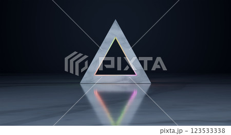 Glowing neon light forming a triangle shape on marble floor 123533338