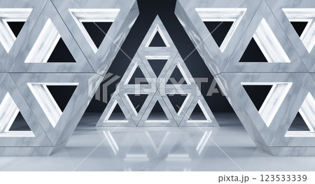 Futuristic marble walls creating glowing triangular patterns in modern interior Futuristic marble walls creating glowing triangular patterns in modern interior 123533339