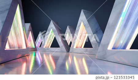 Marble triangles with glowing neon lights illuminating empty stage 123533345