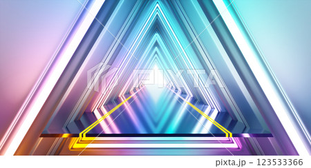 Neon tunnel with triangle shapes creating colorful perspective leading to bright light 123533366