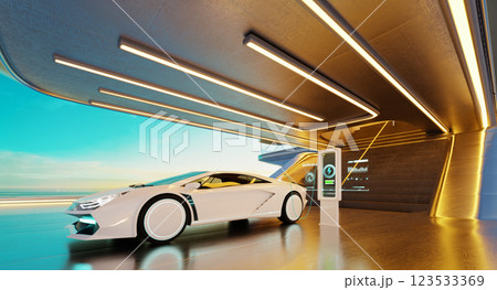 3D White electric sports car charging in futuristic garage at sunset 123533369