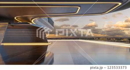3D Futuristic building interior with city view at sunset 123533373
