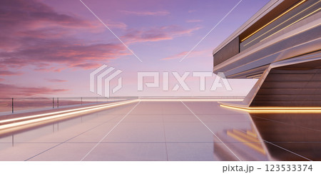 3D Futuristic building with neon lights illuminating rooftop at sunset 123533374