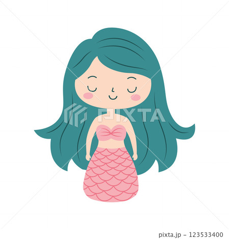 Cute Pretty Little Girl Mermaid Cartoon Character in the Sea with Happy Expression Cute Pretty Little Girl Mermaid Cartoon Character in the Sea with Happy Expression 123533400