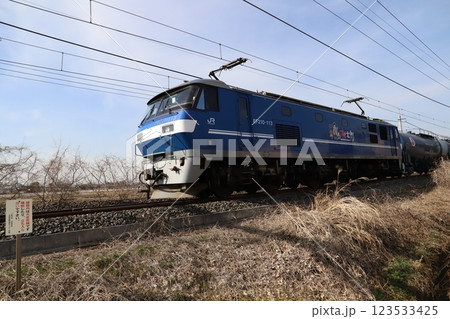 冬の埼玉県蓮田市の郊外を走行するEF210形電気機関車の様子 123533425