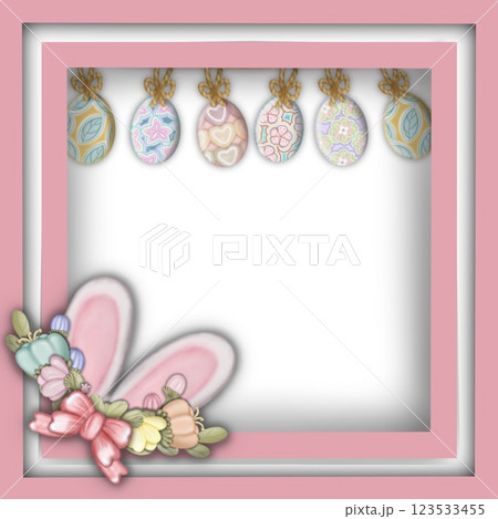 Paper cut style frame with pastel colored Easter egg and flowers hand drawn. Square frame with a pastel and Easter egg patterns. Paper cut style frame with pastel colored Easter egg and flowers hand drawn. Square frame with a pastel and Easter egg patterns. 123533455