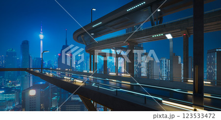 Futuristic highway overpass dominating modern city skyline at night 123533472