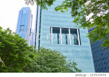 Green foliage framing modern skyscrapers in singapore's bustling cbd Green foliage framing modern skyscrapers in singapore's bustling cbd 123533474