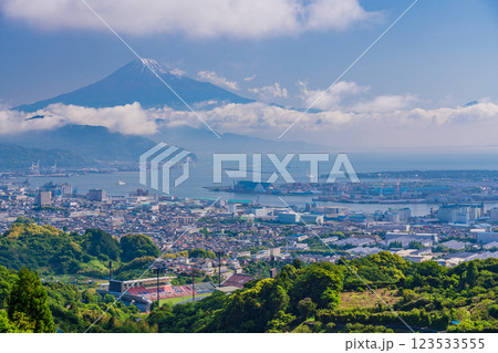 【静岡県】日本平の茶畑越しに清水の街並みと富士山 123533555