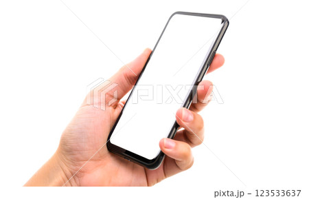 Hand holding mockup modern smartphone with blank white screen, isolated on white background, mockup mobile device, empty display, closeup 123533637