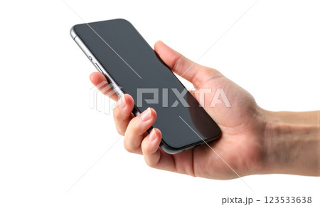 Hand holding modern smartphone blank screen isolated white background mockup device technology mobile communication digital display touchscreen portable 123533638