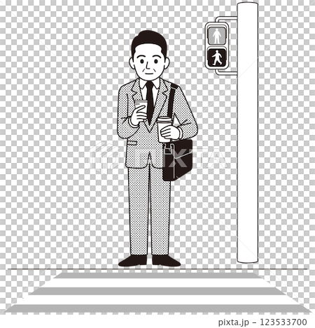 信号待ちの中年男性ビジネスパーソン　スマホ　コーヒー　モノクロ 123533700