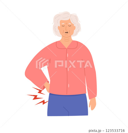 Elderly woman suffering from lower back pain, holding her waist with a pained expression. Concept of aging, arthritis, spinal problems. Medical healthcare illustration. Flat Style Vector Illustration. 123533716